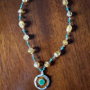 Unique Amber Glass Beaded Rosette Pendant Necklace